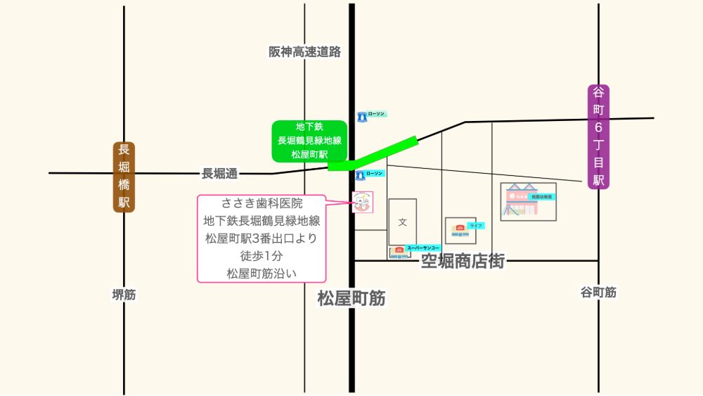 ささき歯科医院のアクセスマップ。地下鉄長堀鶴見緑地線「松屋町駅」3番出口より徒歩1分、松屋町筋沿いにあります。周辺には空堀商店街、スーパーサンコー、ローソンなどがあります。